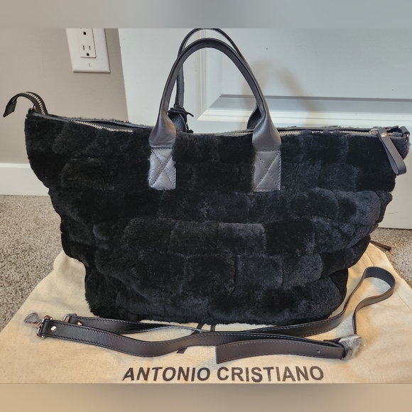 *SOLD* Antonio Cristiano XL Sheepskin Fur Tote Satchel Bag in Black; New w/ Tags - Picture 2 of 16